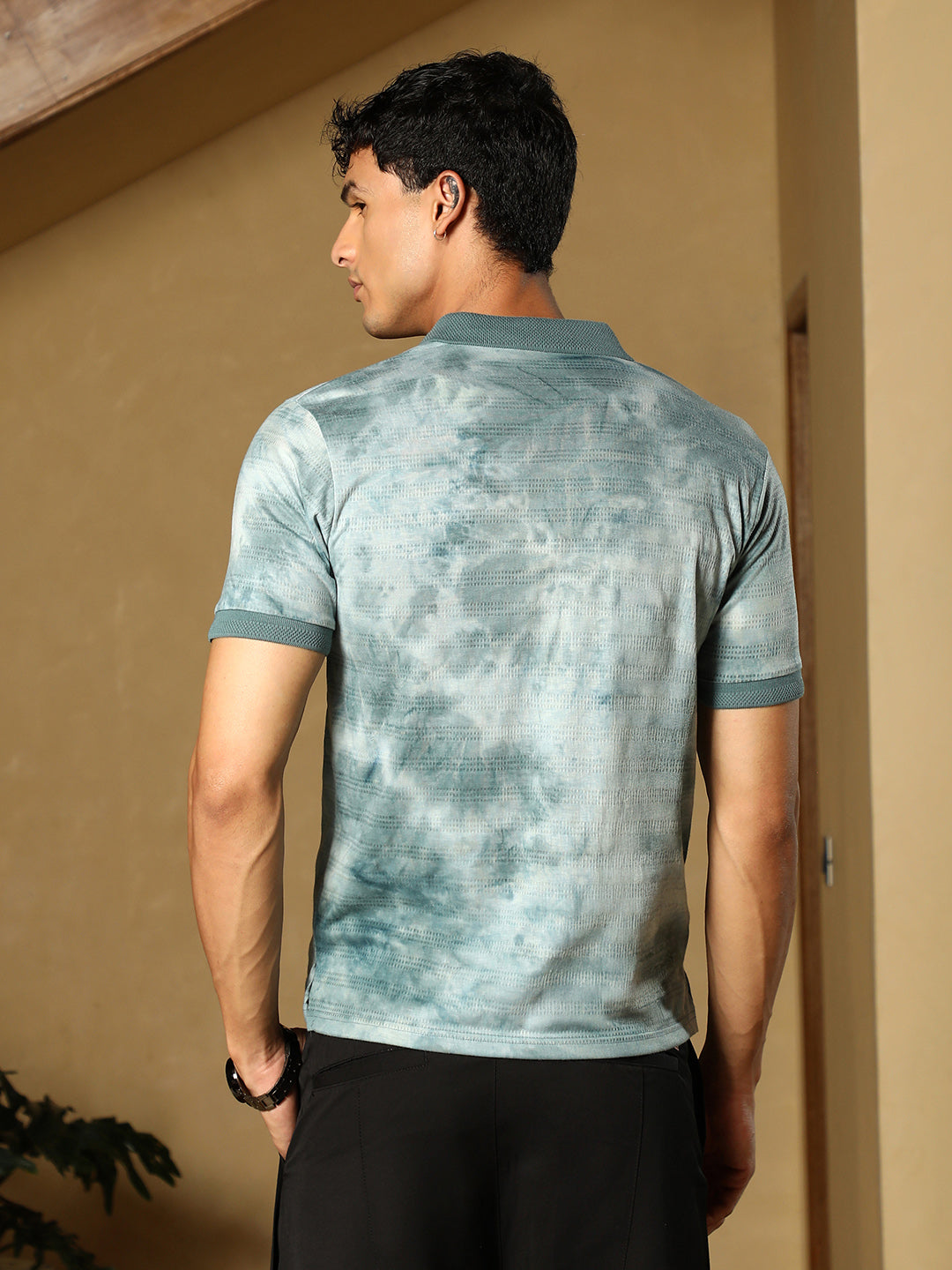 mens viridian green dye panel jacquard polo t shirt