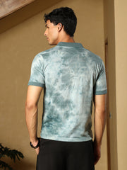 mens viridian green dye panel jacquard polo t shirt