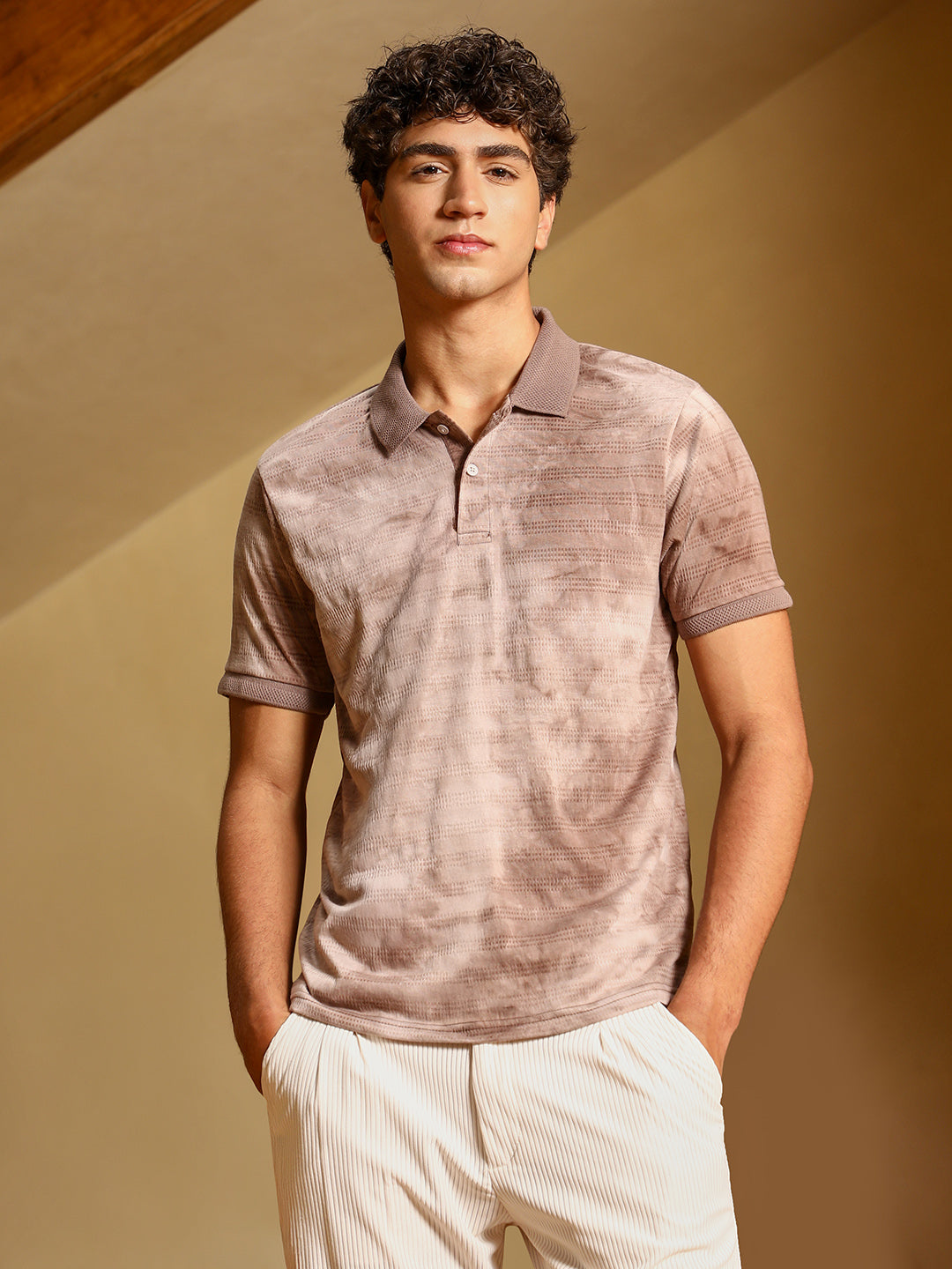 mens ash brown dye panel jacquard polo t shirt