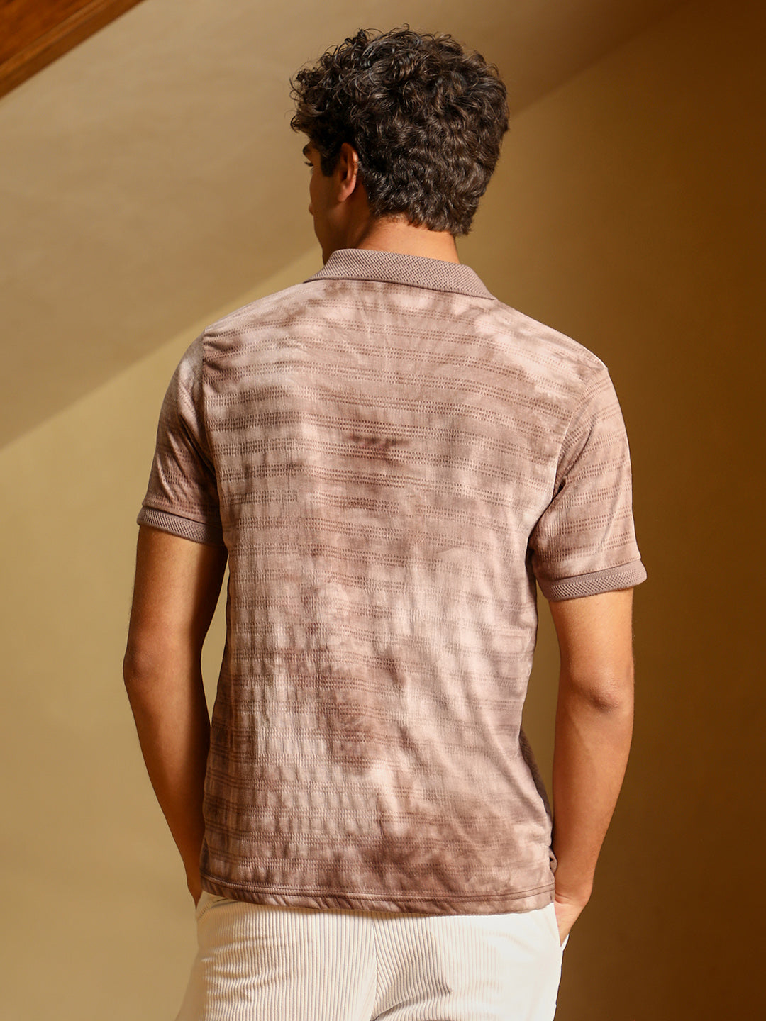 mens ash brown dye panel jacquard polo t shirt