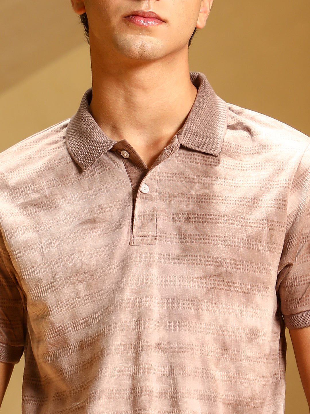 mens ash brown dye panel jacquard polo t shirt