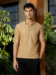 mens sand beige marquise panel jacquard polo t shirt