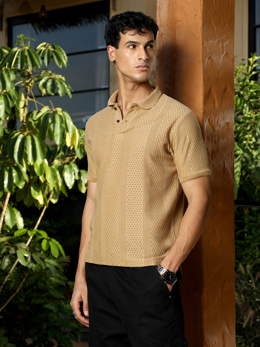 mens sand beige marquise panel jacquard polo t shirt