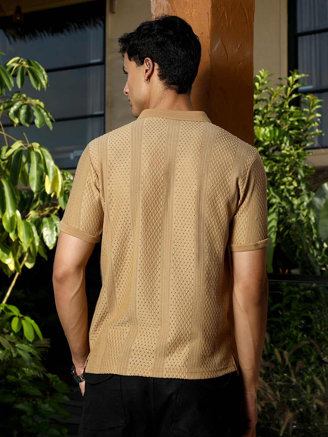 mens sand beige marquise panel jacquard polo t shirt