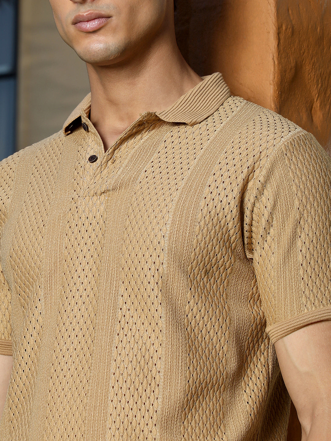 mens sand beige marquise panel jacquard polo t shirt