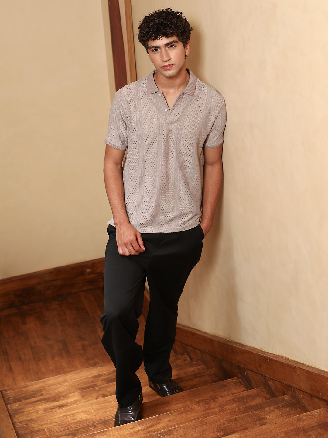 mens almond beige marquise panel jacquard polo t shirt