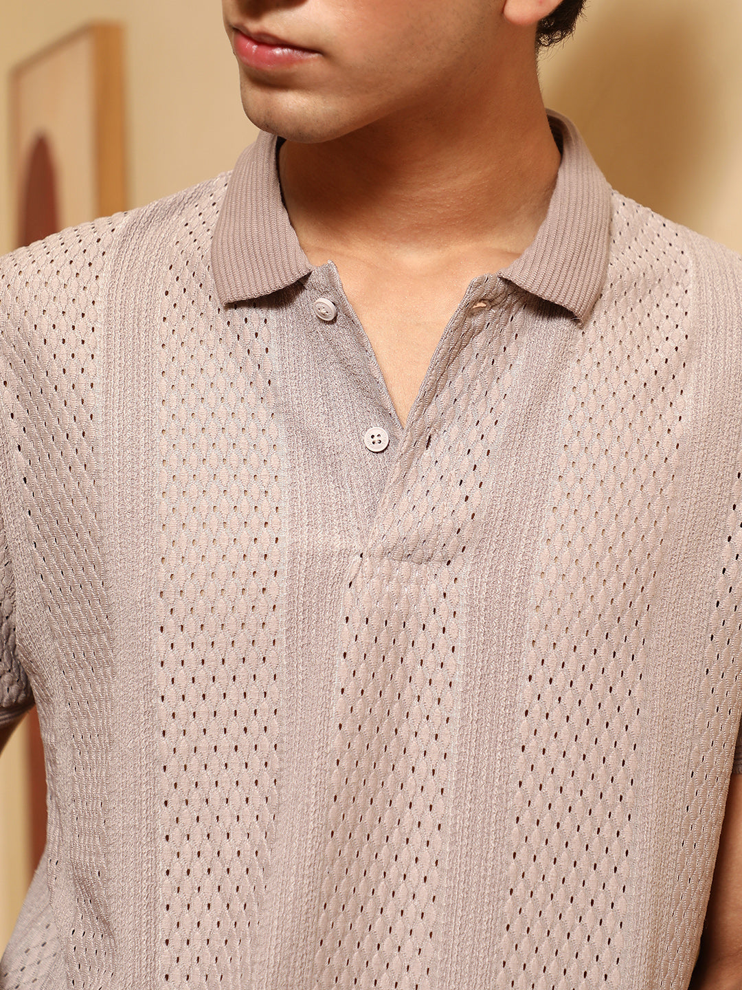 mens almond beige marquise panel jacquard polo t shirt