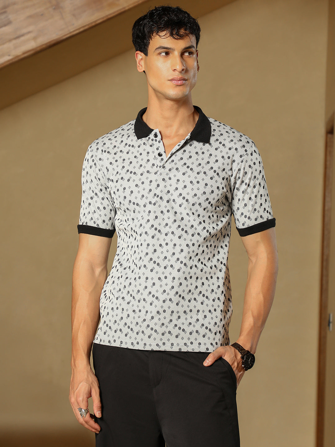 mens cream white shadowed polka polo t shirt
