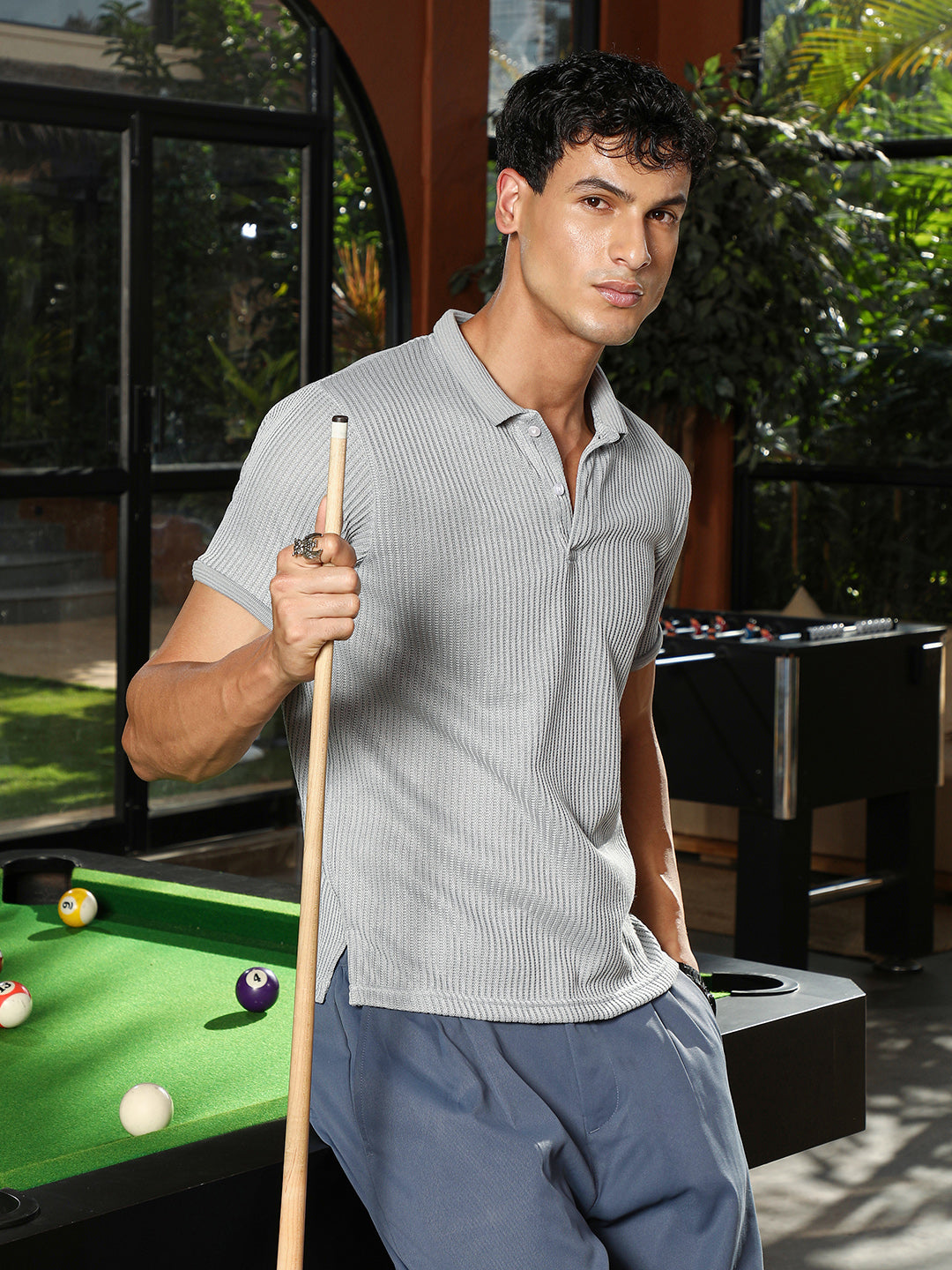 mens coin grey solid ribbed polo t shirt