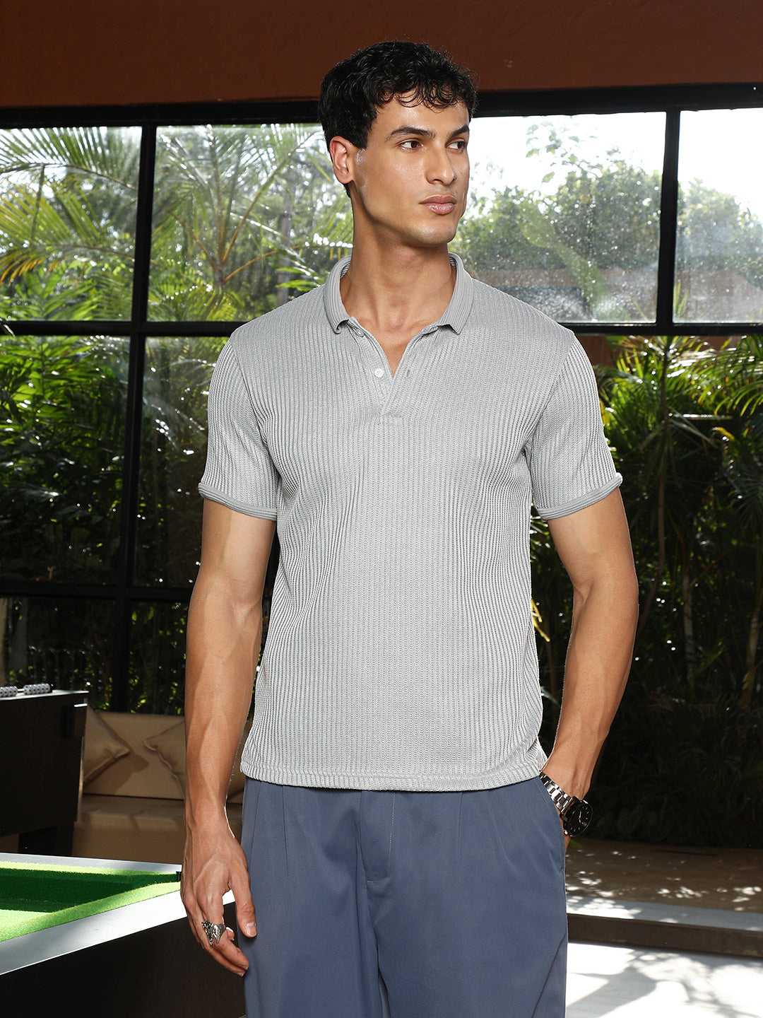 mens coin grey solid ribbed polo t shirt