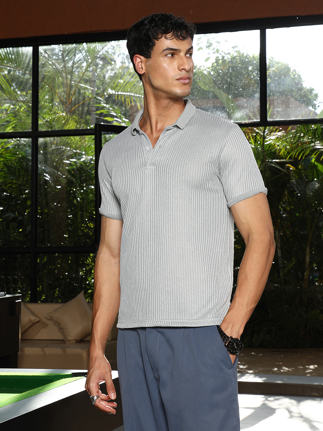 mens coin grey solid ribbed polo t shirt