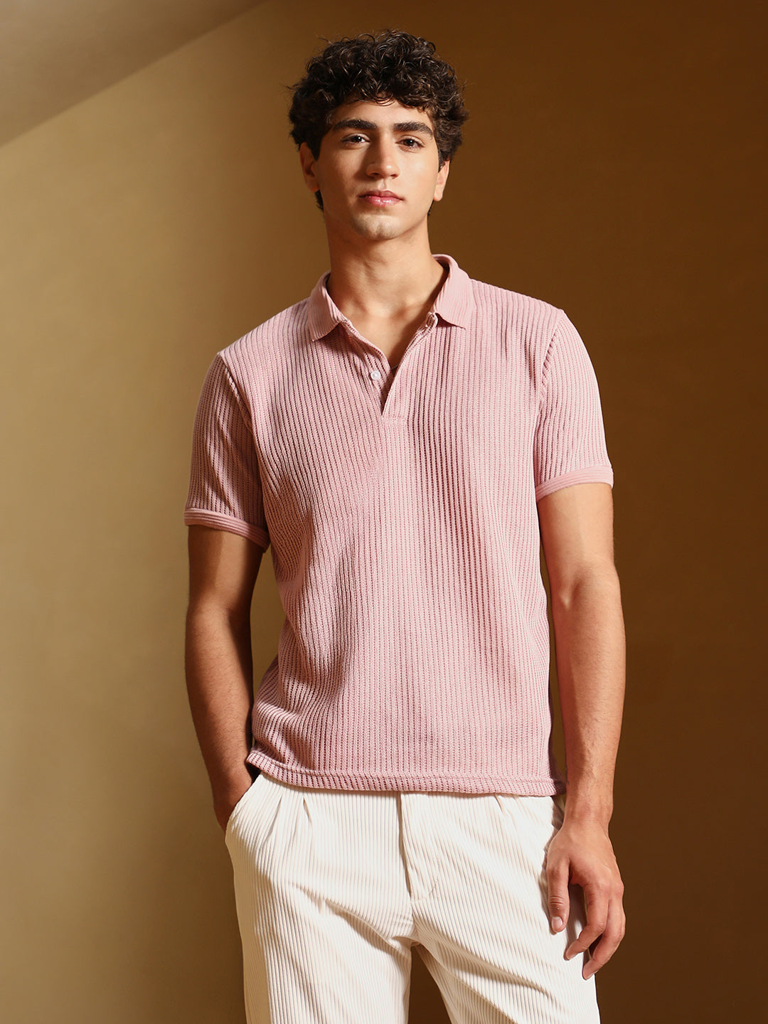mens blush pink solid ribbed polo t shirt
