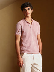 mens blush pink solid ribbed polo t shirt