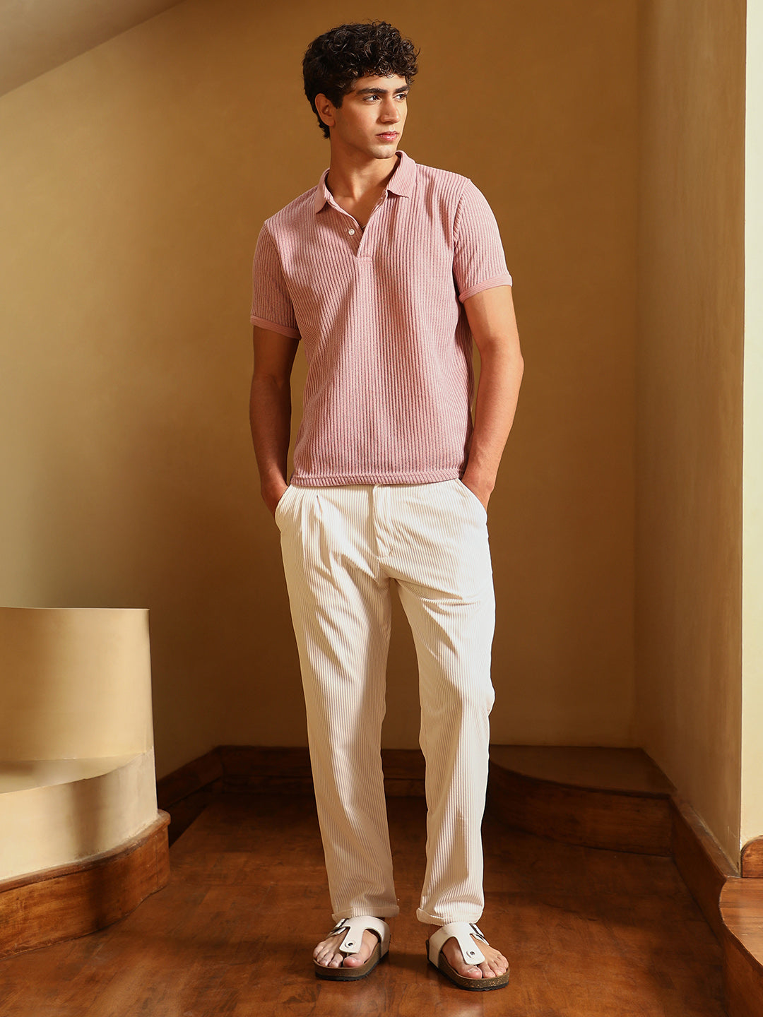 mens blush pink solid ribbed polo t shirt