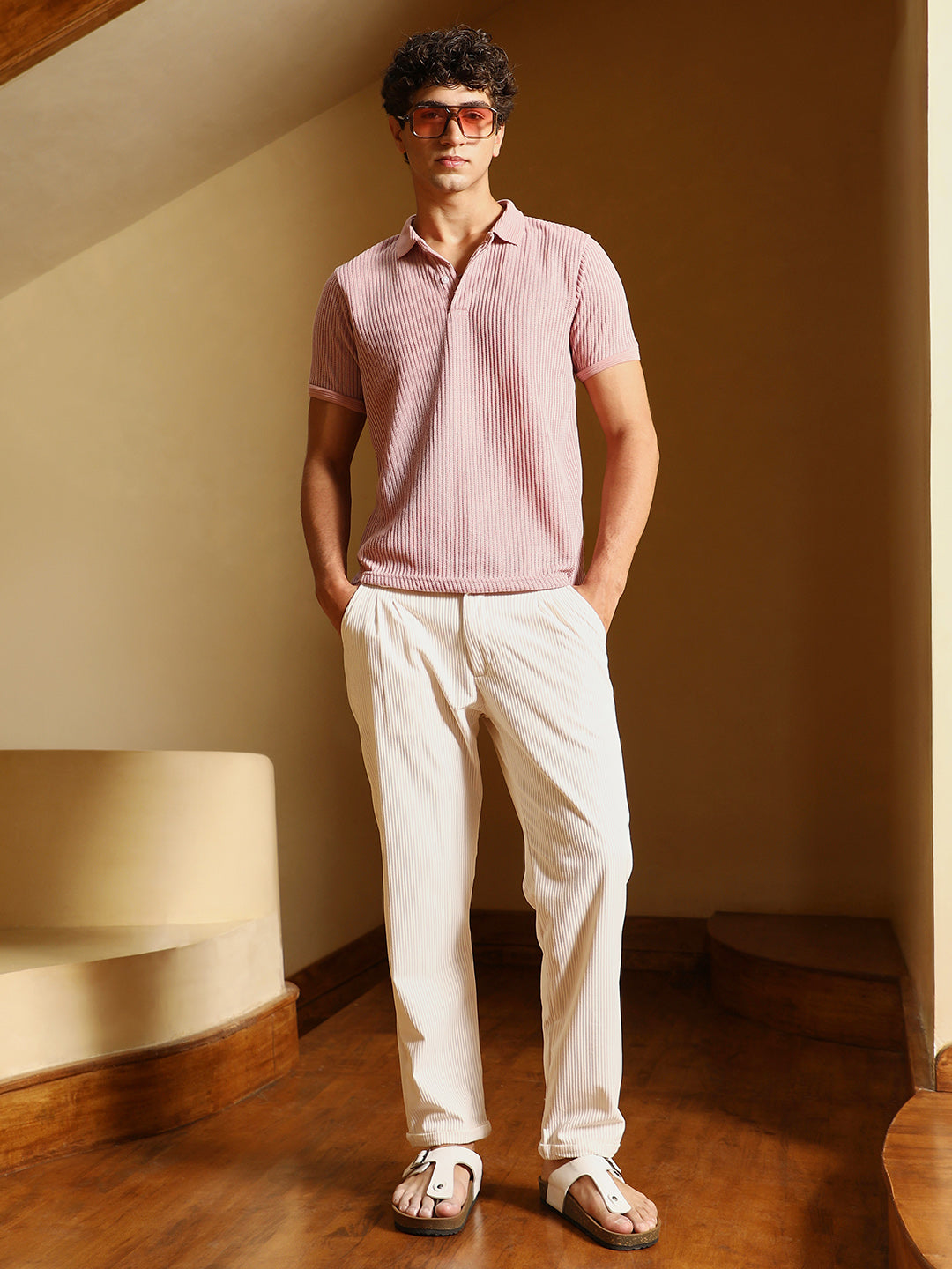 mens blush pink solid ribbed polo t shirt