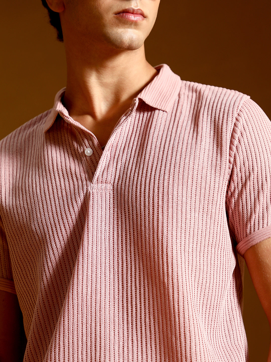 mens blush pink solid ribbed polo t shirt