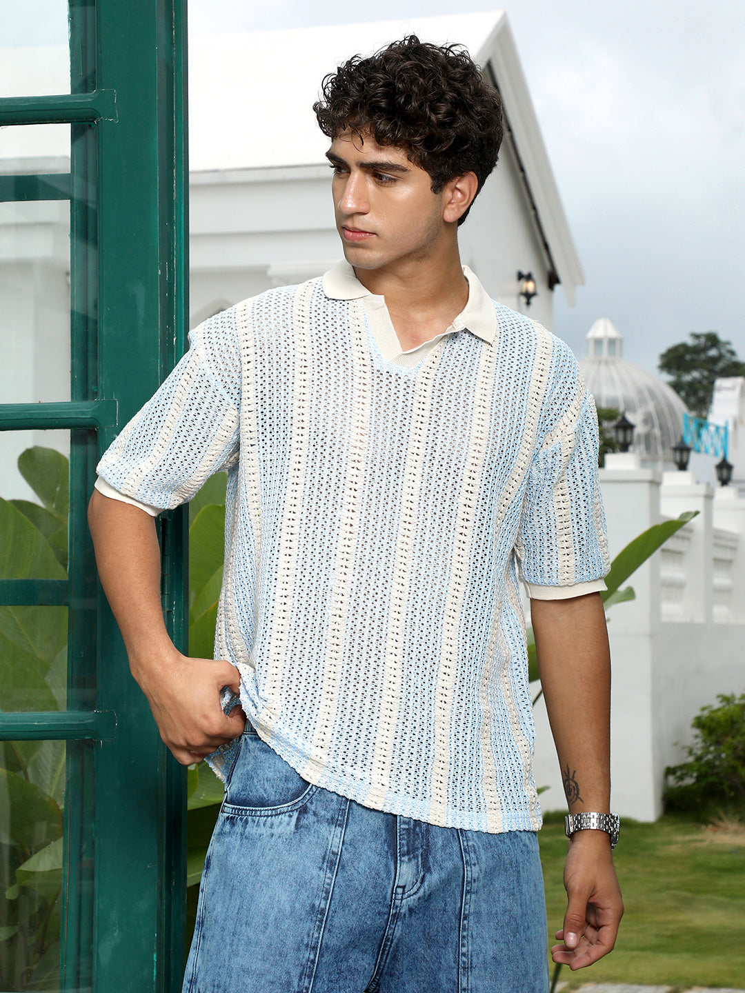 mens baby blue striped crochet polo t shirt