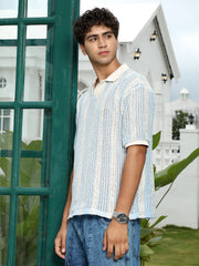 mens baby blue striped crochet polo t shirt