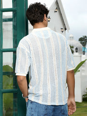 mens baby blue striped crochet polo t shirt