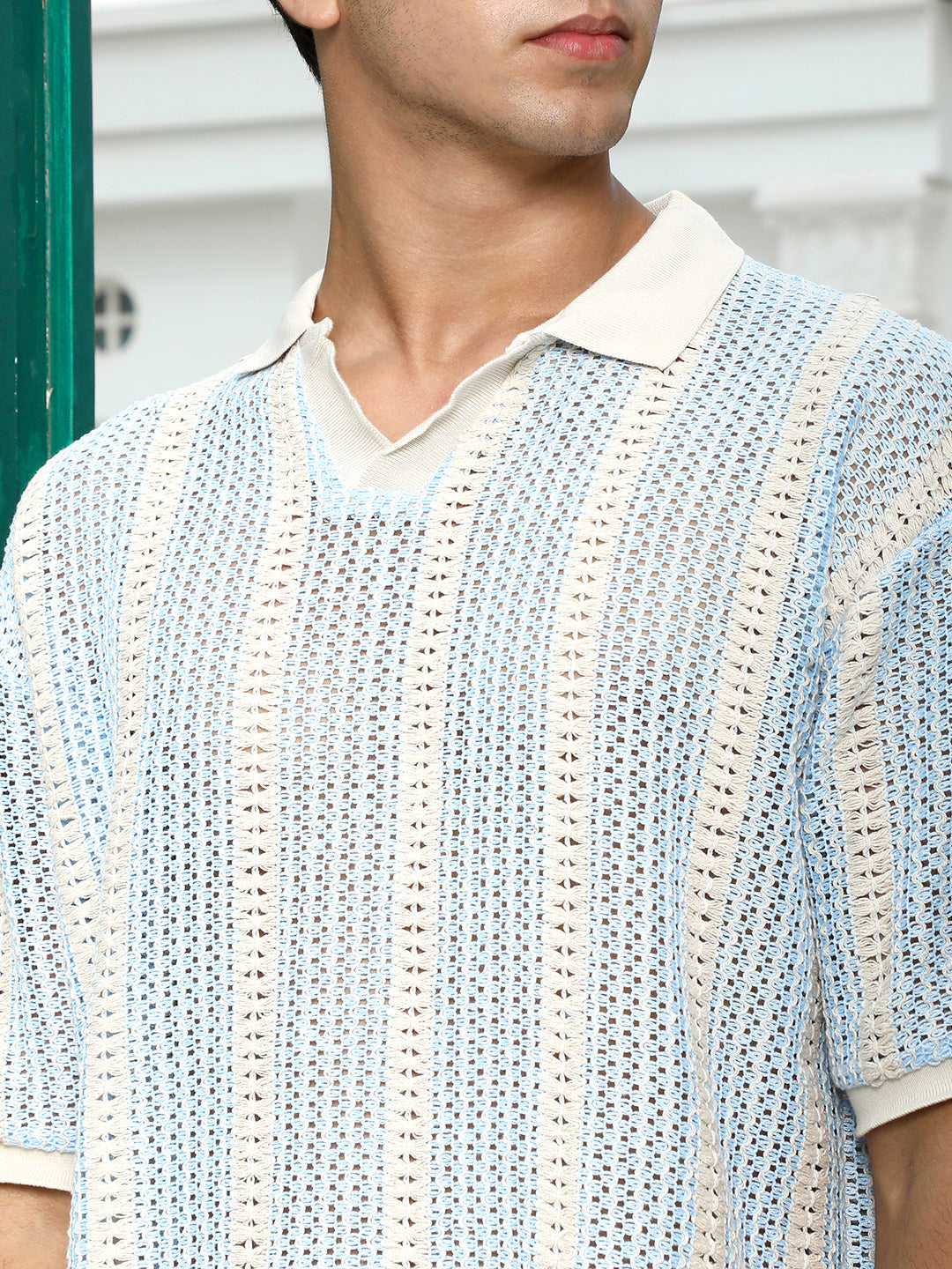 mens baby blue striped crochet polo t shirt