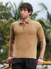 mens camel beige seamless solid polo t shirt