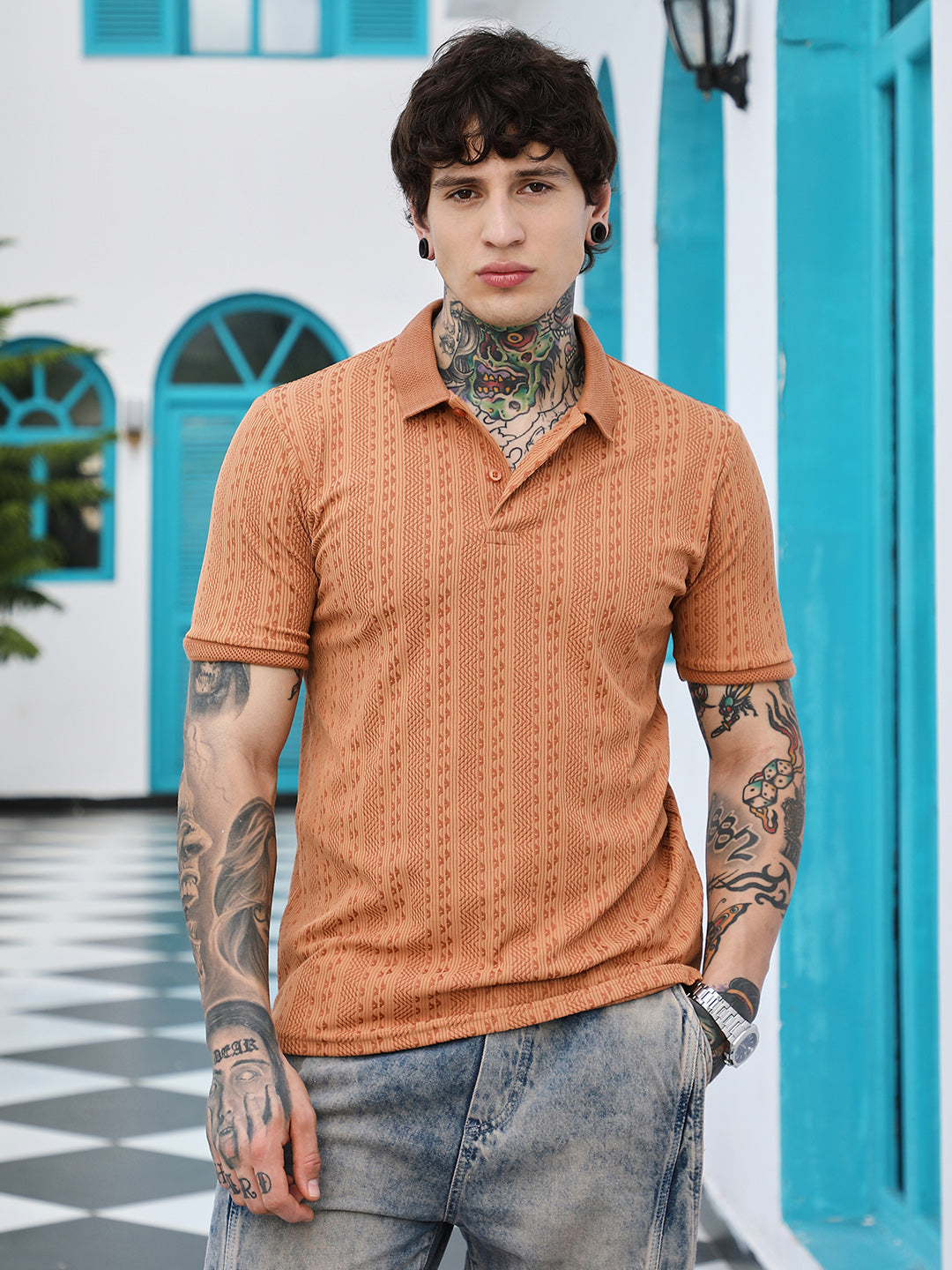 mens rust orange geometric folk knitted polo t shirt