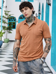 mens rust orange geometric folk knitted polo t shirt