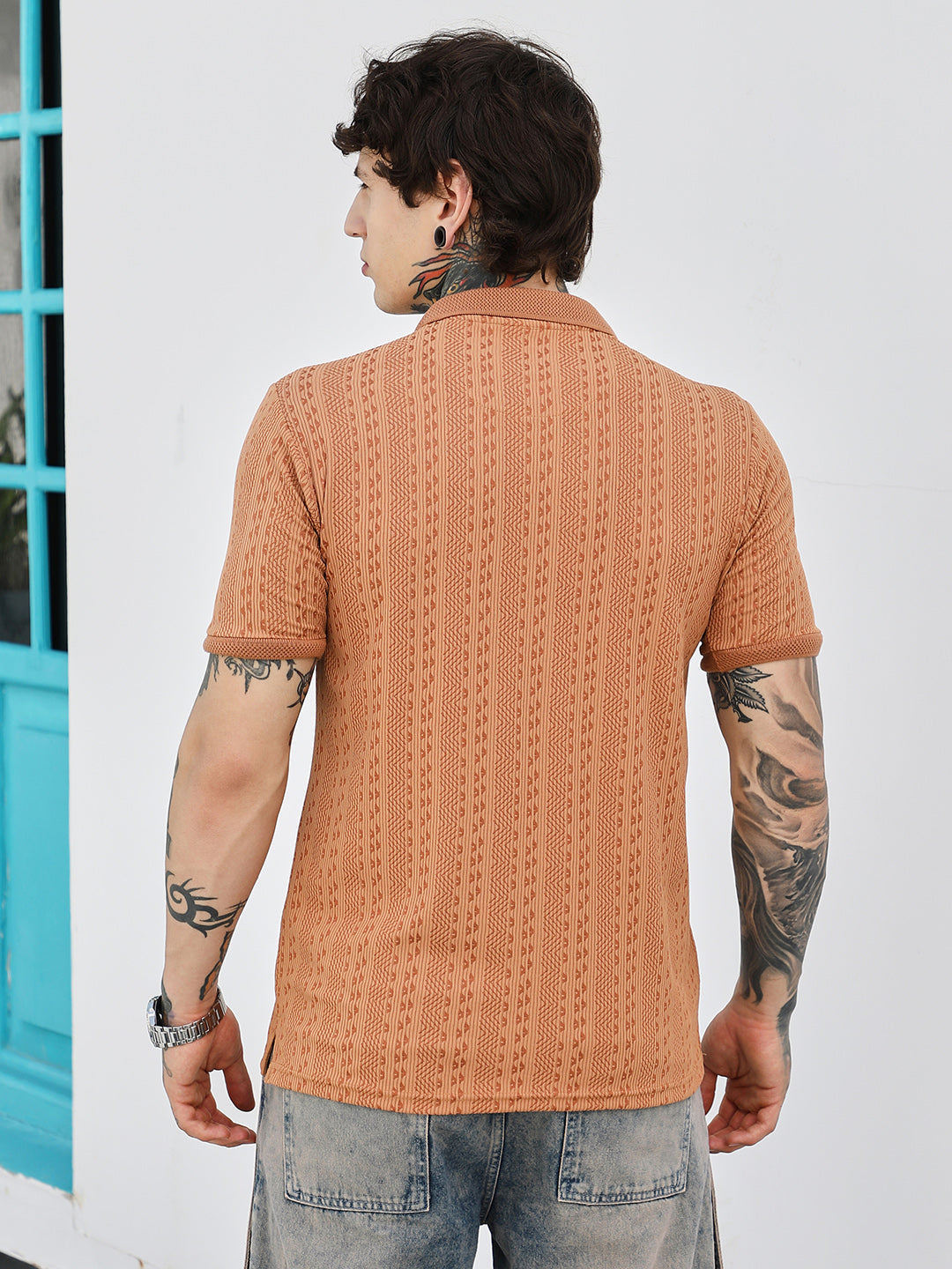 mens rust orange geometric folk knitted polo t shirt