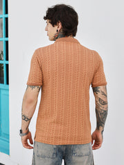 mens rust orange geometric folk knitted polo t shirt