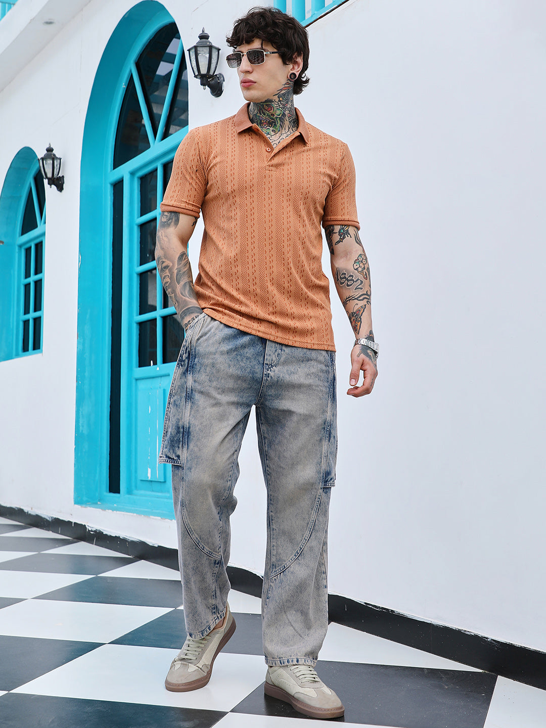 mens rust orange geometric folk knitted polo t shirt