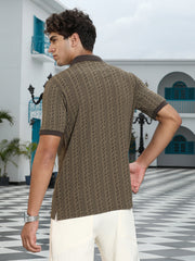 mens olive green geometric folk knitted polo t shirt