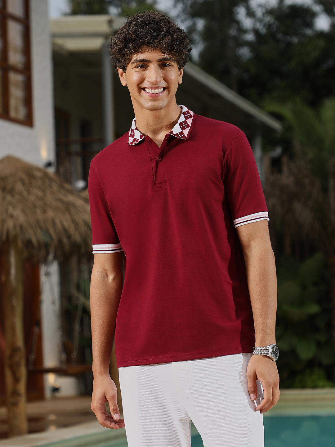 mens wine red block argyle knit polo t shirt
