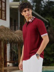 mens wine red block argyle knit polo t shirt
