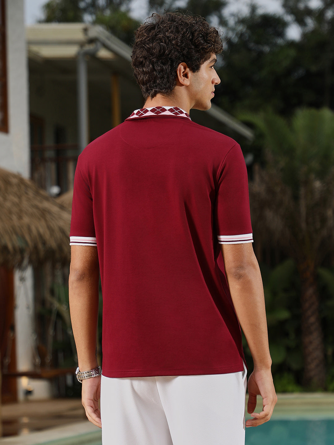 mens wine red block argyle knit polo t shirt