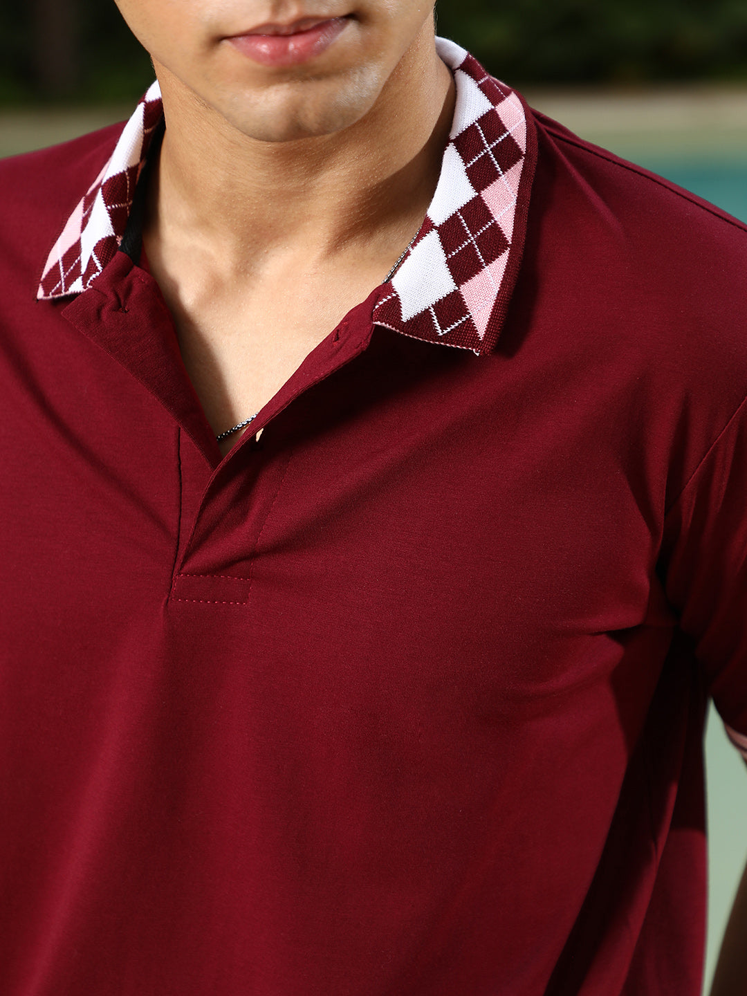 mens wine red block argyle knit polo t shirt