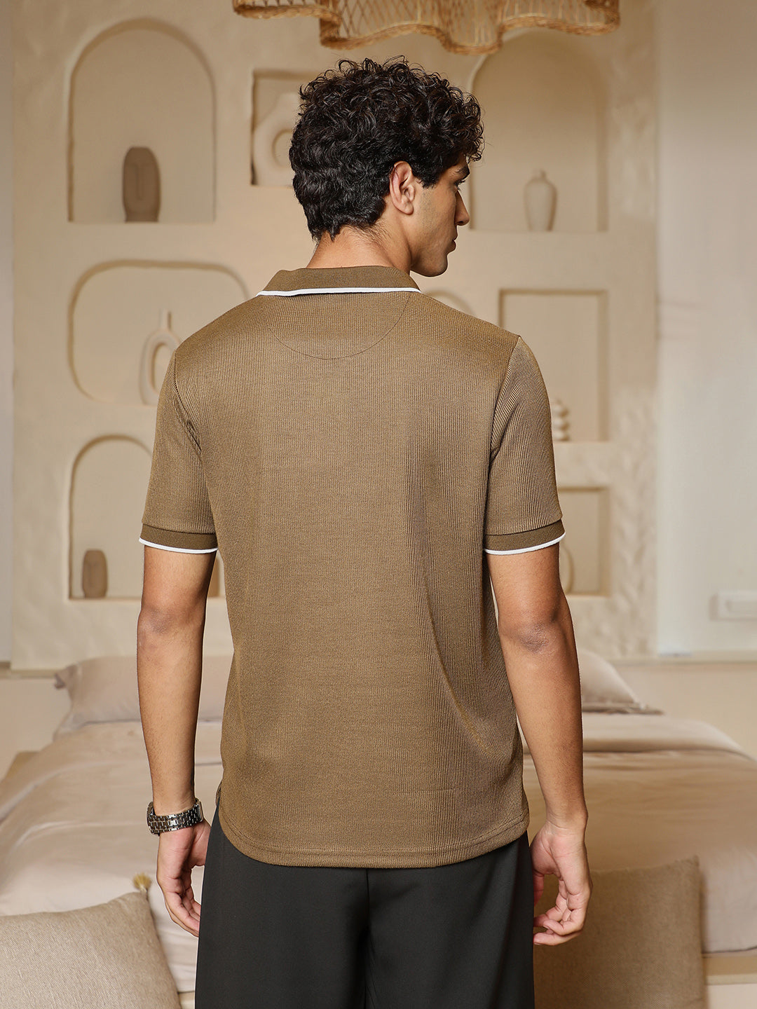 mens olive brown ribbed knit polo t shirt