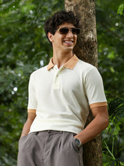 mens peach orange chalk white block textured knit polo t shirt