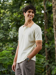 mens peach orange chalk white block textured knit polo t shirt