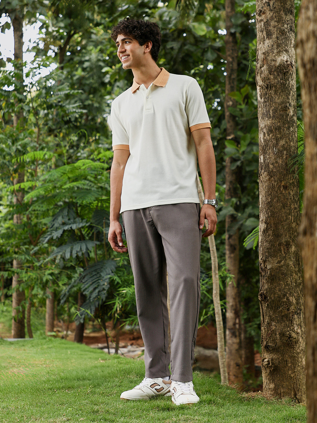 mens peach orange chalk white block textured knit polo t shirt