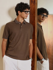 mens chocolate brown textured knit polo t shirt