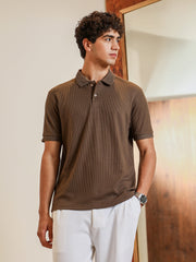mens chocolate brown textured knit polo t shirt
