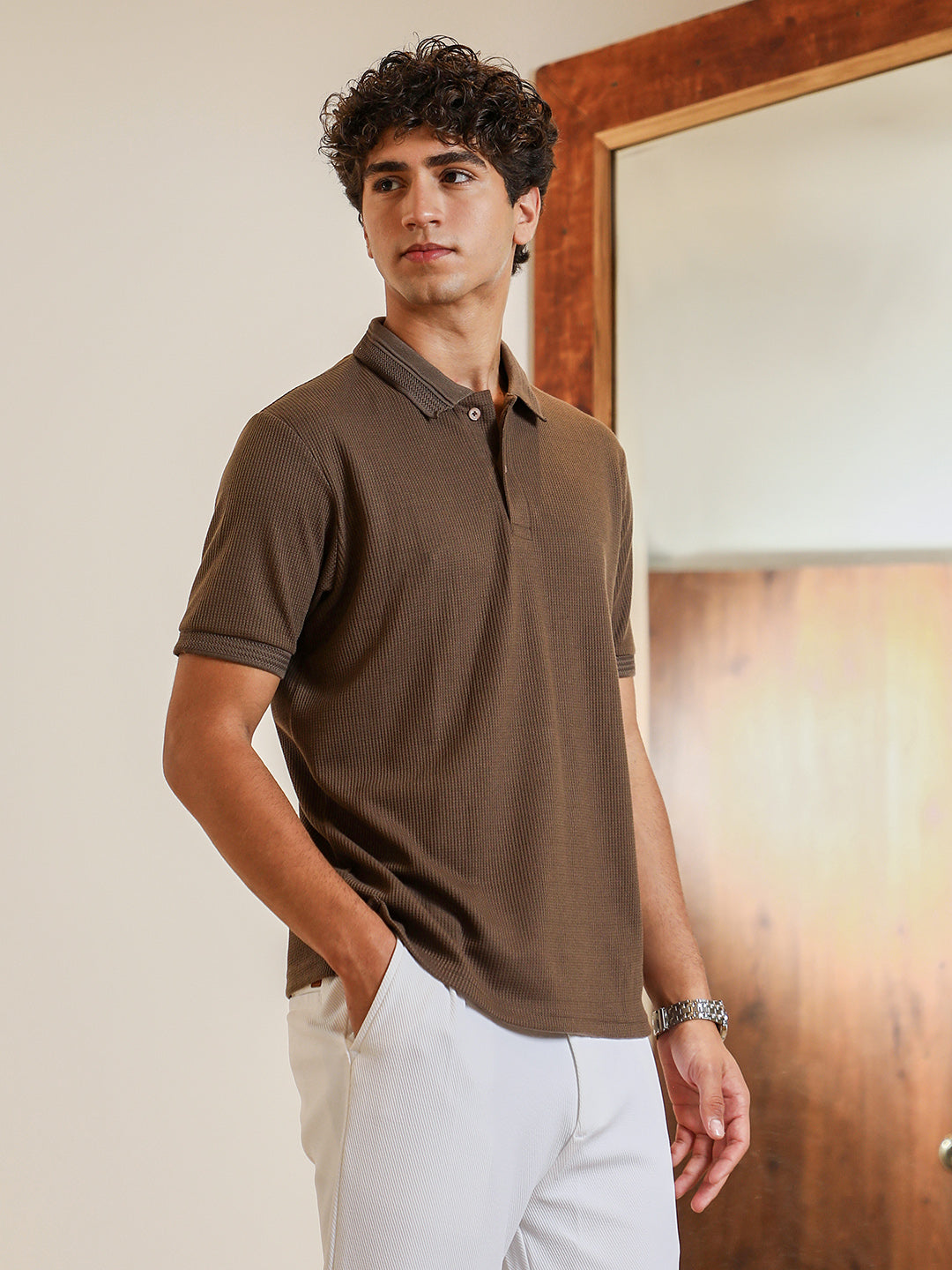 mens chocolate brown textured knit polo t shirt