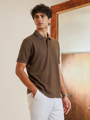mens chocolate brown textured knit polo t shirt