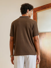mens chocolate brown textured knit polo t shirt