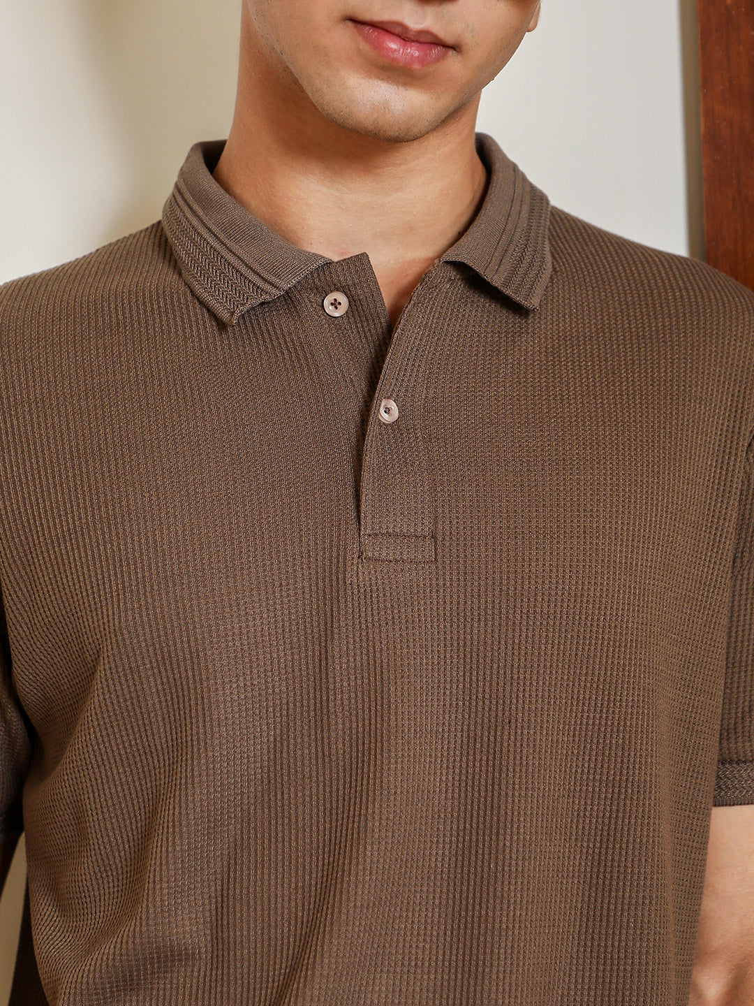 mens chocolate brown textured knit polo t shirt