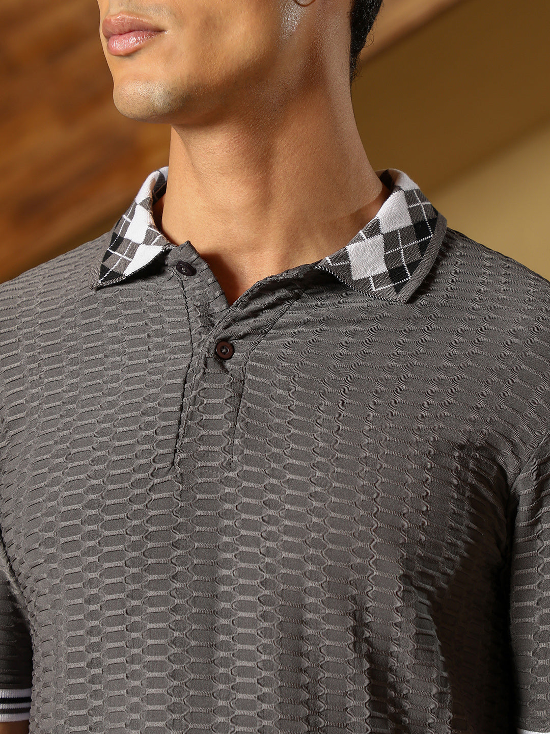 mens ash grey hive argyle knit polo t shirt