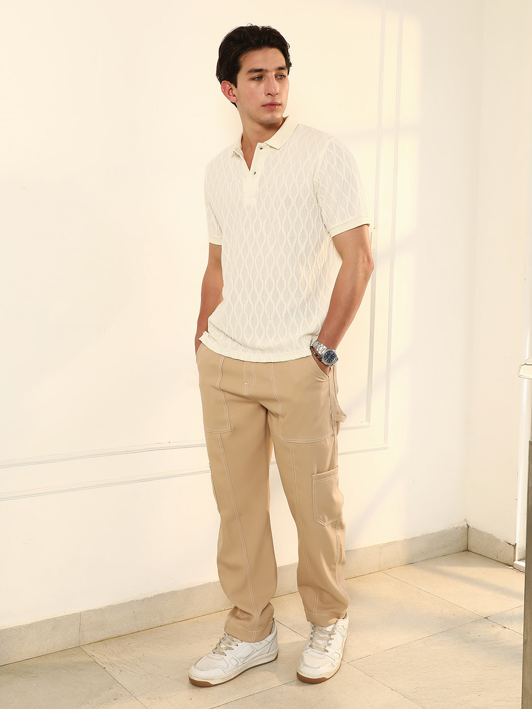 mens cream white marquise tactile knit polo t shirt