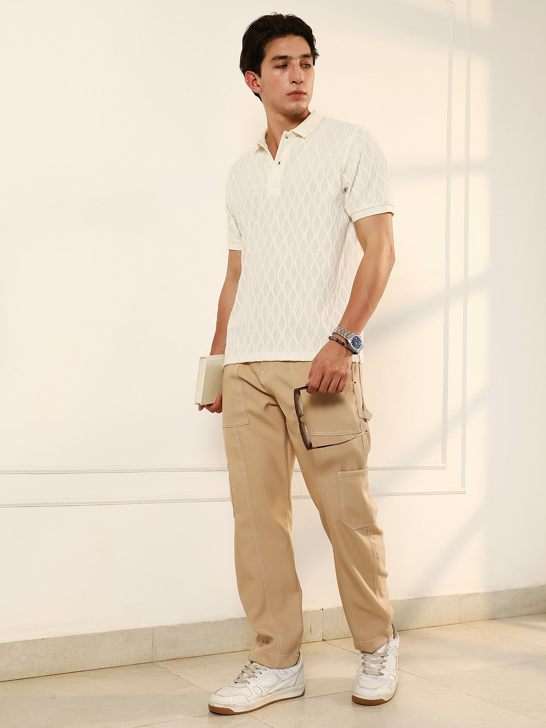 mens cream white marquise tactile knit polo t shirt