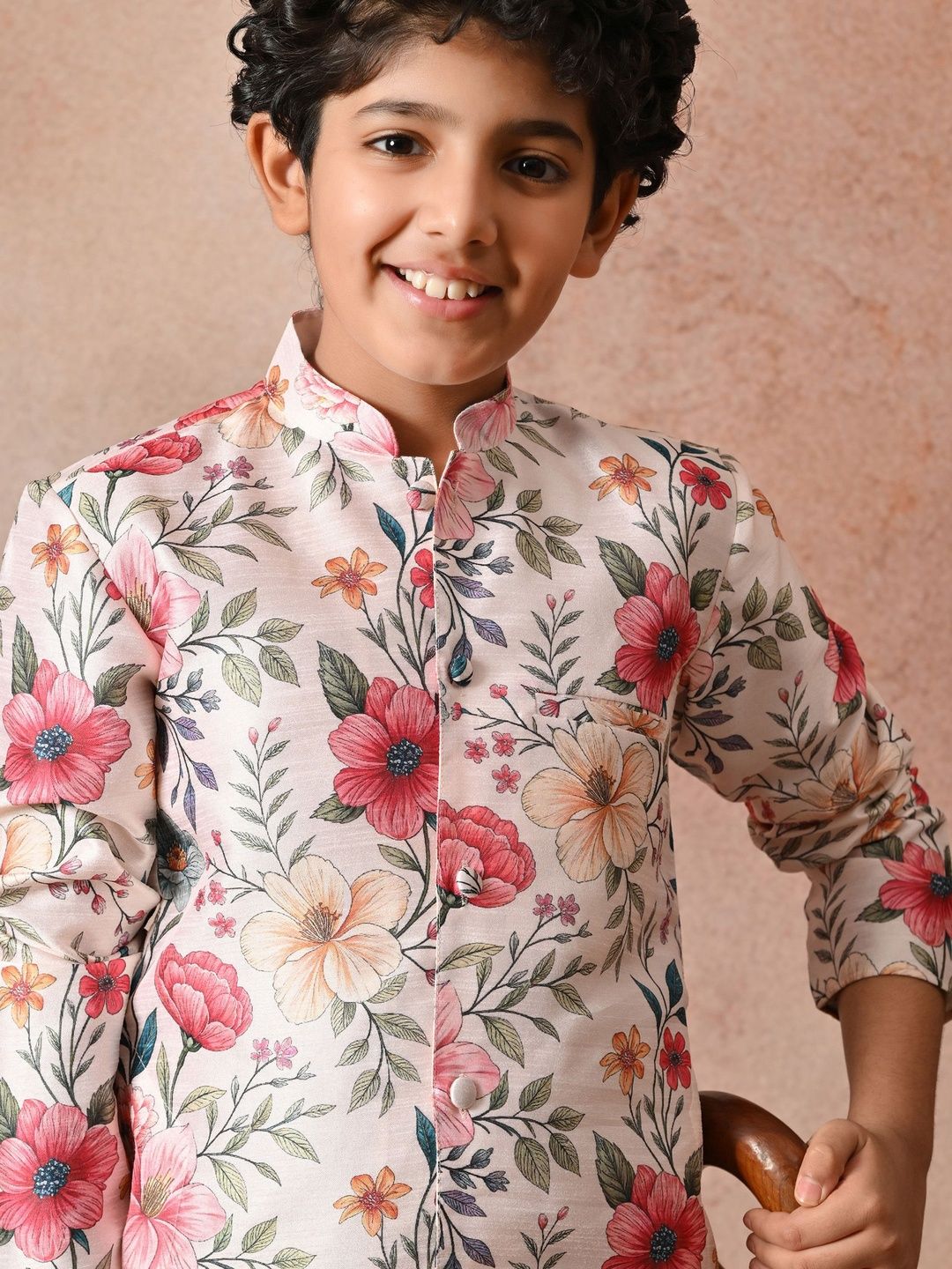 Indi Loom Couture Boys Cream Floral Printed Ethnic Kurta with White Pajama Set ILBKS31