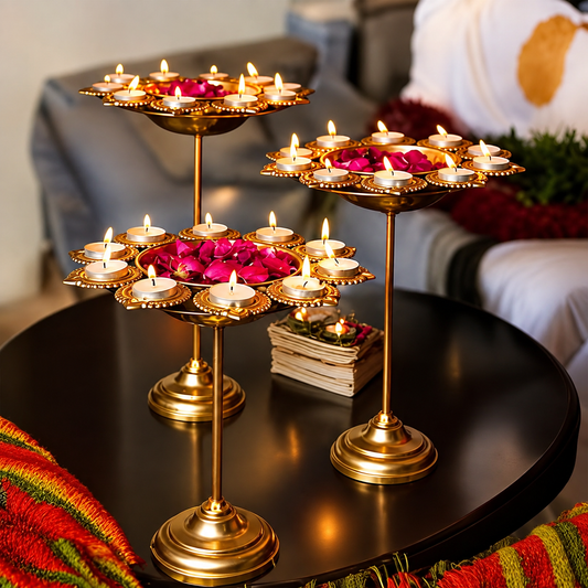 Gold Toned 3 Pieces Floral Candle Holder